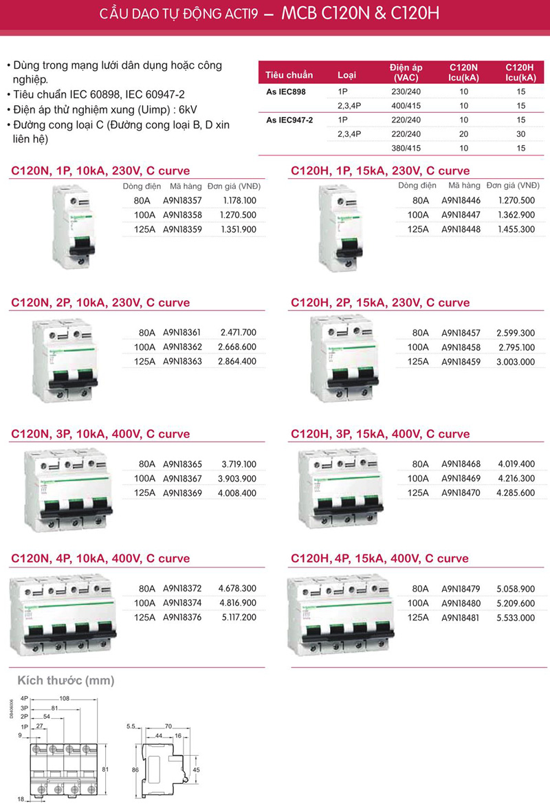 Acti9 MCB C120H 2P 15kA 230V tt